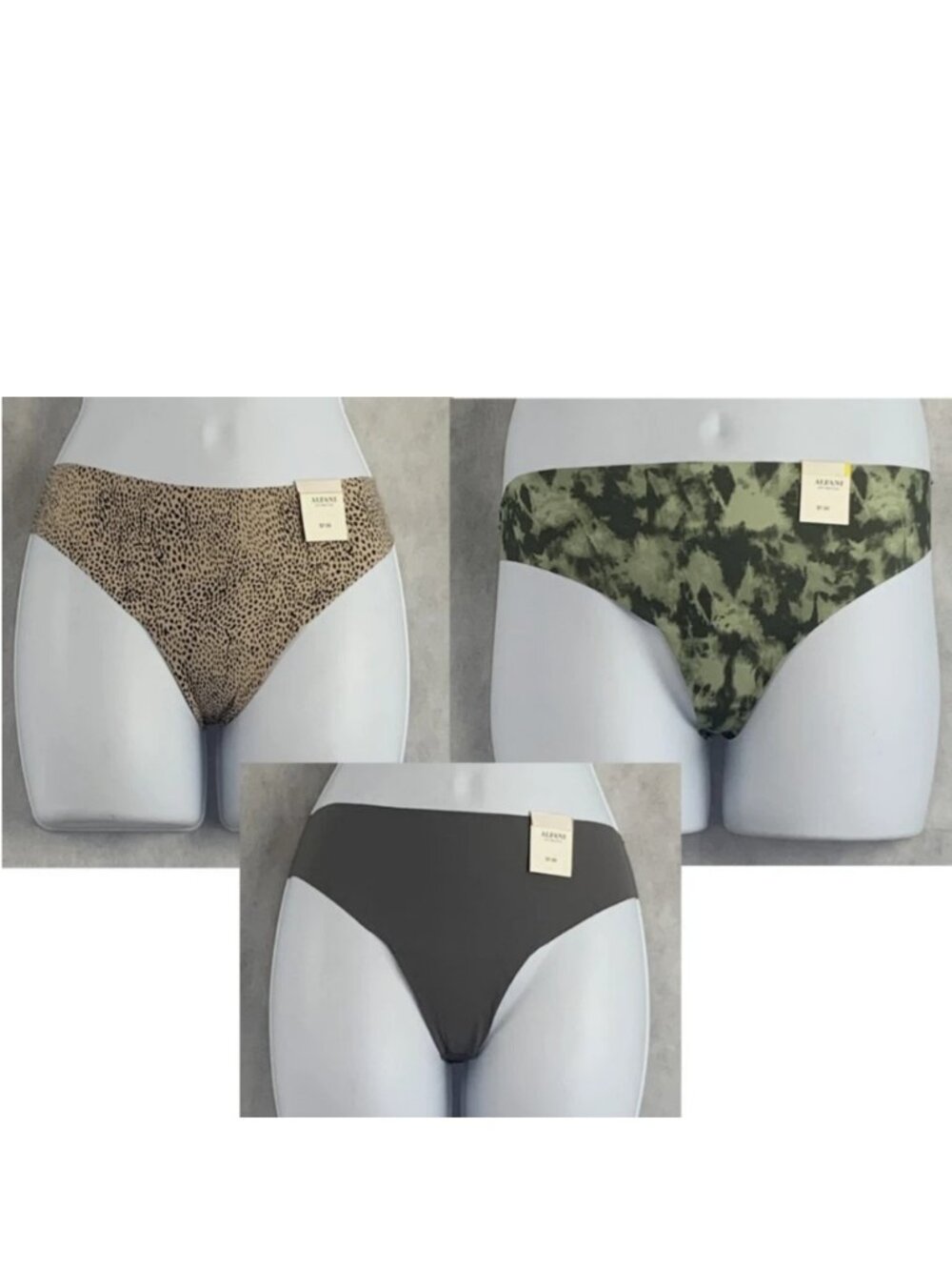 Alfani Women's 3-Pack Laser-Cut Thong Panty Underwear, Cheetah Green Gray, XL